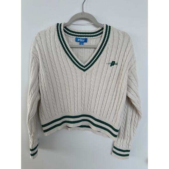 Prince Sweaters - Prince Pickleball Cable Knit Pullover Sweater – Size M, Ivory & Green (Like-New)